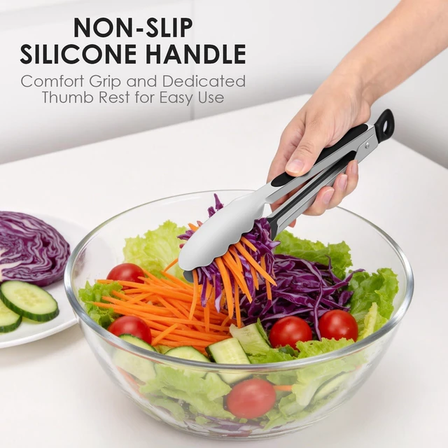 Alt view image 7 of 7 - Stainless Steel Kitchen Tongs Set of 2-9" and 12", Locking Metal Cooking Tongs with Non-Slip Grip for Serving, BBQ, Grill & Air Fryer