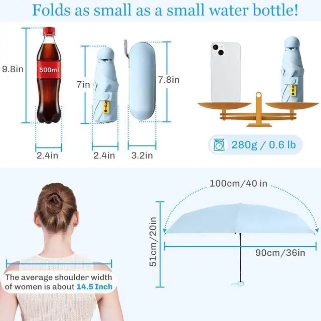 Alt view image 3 of 7 - Pocket Mini Umbrella Compact for Travel, UV Sun Protection(UPF50+), Waterproof for Light Rain, Suitable for Women & Kids, Manual Folding Small Size umbrella with a Case for Backpack/Purse-Blue