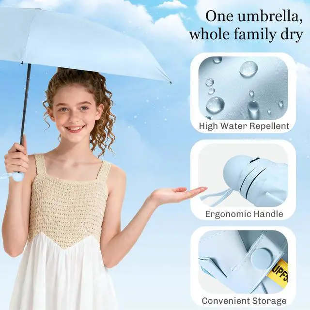 Alt view image 7 of 7 - Pocket Mini Umbrella Compact for Travel, UV Sun Protection(UPF50+), Waterproof for Light Rain, Suitable for Women & Kids, Manual Folding Small Size umbrella with a Case for Backpack/Purse-Blue