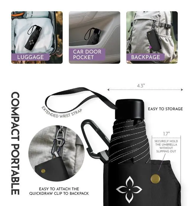 Alt view image 6 of 7 - Small Compact Travel Umbrella - Pocket-Sized Portable for Purse & Backpack, Windproof Rain Sun Protection, Manual Open Close No Rebound, Reflective Night Safety for Men Women Kids Seniors
