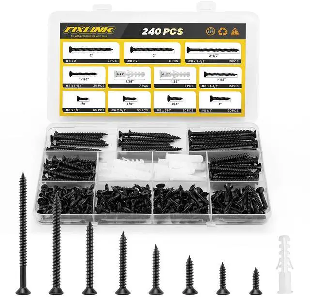 Main image of Screws Assortment Kit, FIXLINK 240 PCS High Hardness Flat Head Wood Screws Set, Phillips Drive Assorted Screws, Contain 15PC Anchors and 8 Size (2-1/2,2,1-1/2,1-1/4,1,3/4,5/8,1/2), Black