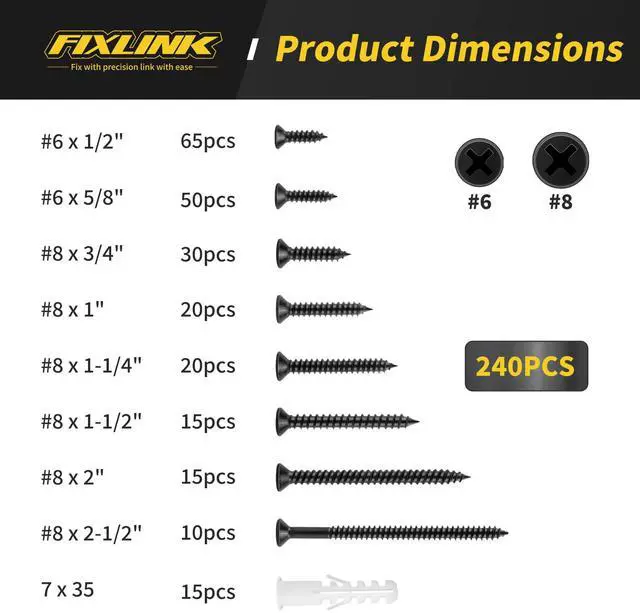 Alt view image 2 of 7 - Screws Assortment Kit, FIXLINK 240 PCS High Hardness Flat Head Wood Screws Set, Phillips Drive Assorted Screws, Contain 15PC Anchors and 8 Size (2-1/2,2,1-1/2,1-1/4,1,3/4,5/8,1/2), Black