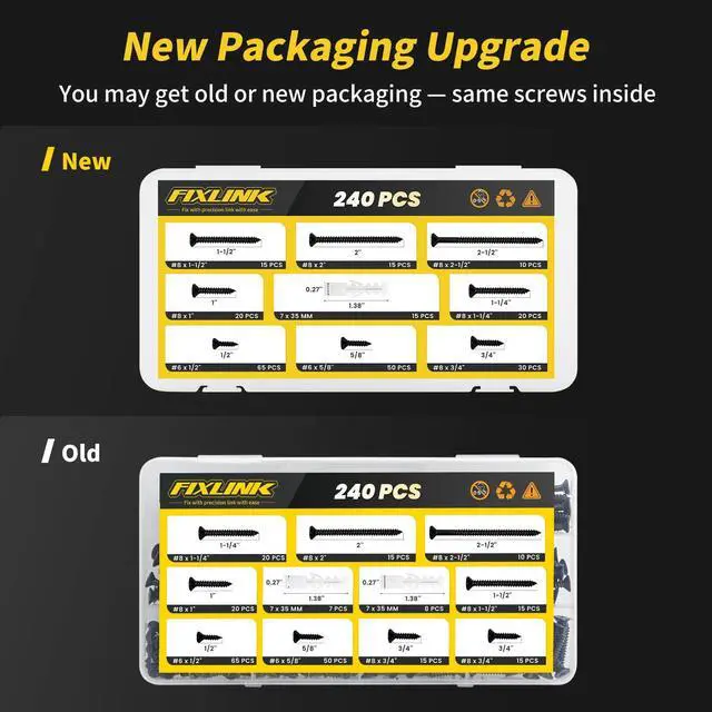 Alt view image 4 of 7 - Screws Assortment Kit, FIXLINK 240 PCS High Hardness Flat Head Wood Screws Set, Phillips Drive Assorted Screws, Contain 15PC Anchors and 8 Size (2-1/2,2,1-1/2,1-1/4,1,3/4,5/8,1/2), Black