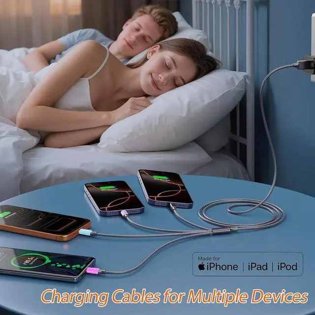 Alt view image 3 of 6 - 4 in 1 Multi Charging Cable 4ft 2 Pack,Braided MFi Certified Charger Cable