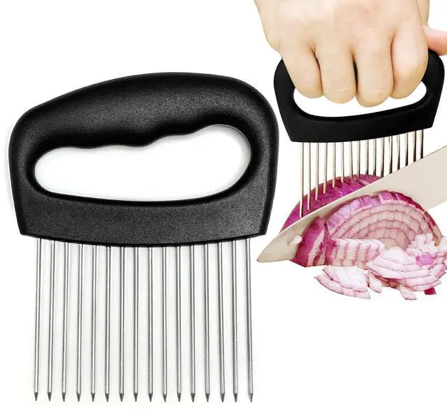 Main image of Extra-Large Onion Holder for Slicing, Onion Cutter, Onion Slicer Holder, Stainless Steel Tomato Slicer Vegetable Cutter for Potato, Tomato, Lemon, Meat Tenderizer, Kitchen Food Slicer Guide