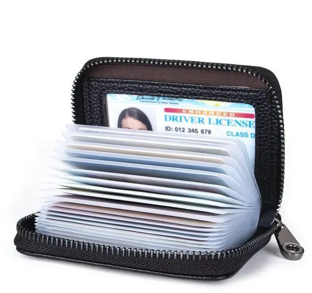 Main image of Genuine Leather Credit Card Holder Zipper Wallet RFID Blocking Secure Card Case ID Case Organizer (Classic-Black Pebbled Genuine Leather)