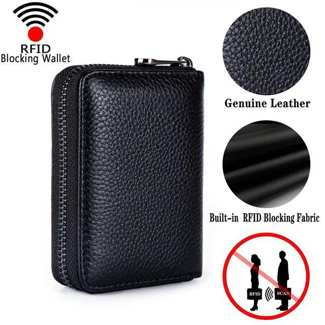 Alt view image 4 of 6 - Genuine Leather Credit Card Holder Zipper Wallet RFID Blocking Secure Card Case ID Case Organizer (Classic-Black Pebbled Genuine Leather)
