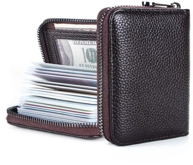 Main image of Genuine Leather Credit Card Holder Zipper Wallet RFID Blocking Secure Card Case ID Case Organizer (Classic Brown)