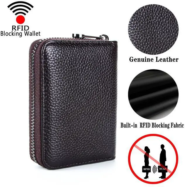 Alt view image 4 of 6 - Genuine Leather Credit Card Holder Zipper Wallet RFID Blocking Secure Card Case ID Case Organizer (Classic Brown)