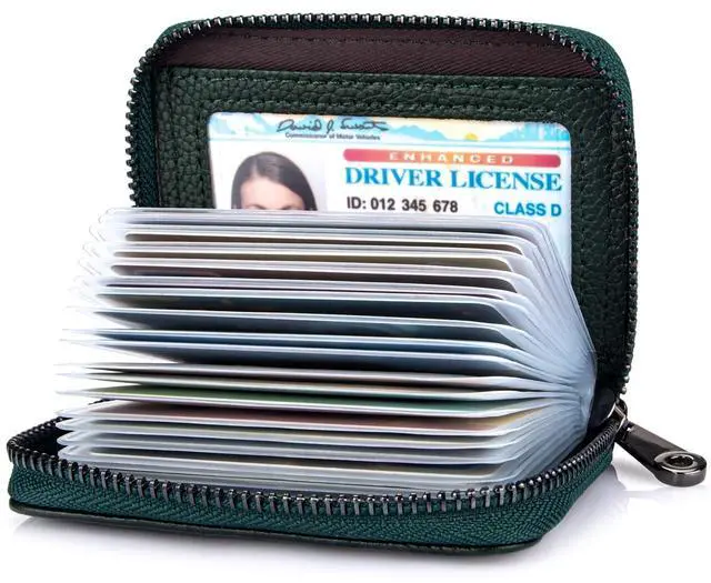 Main image of Genuine Leather Credit Card Holder Zipper Wallet RFID Blocking Secure Card Case ID Case Organizer (Black Green)