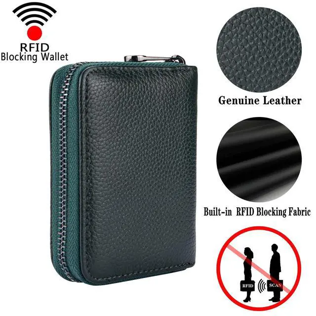Alt view image 4 of 6 - Genuine Leather Credit Card Holder Zipper Wallet RFID Blocking Secure Card Case ID Case Organizer (Black Green)