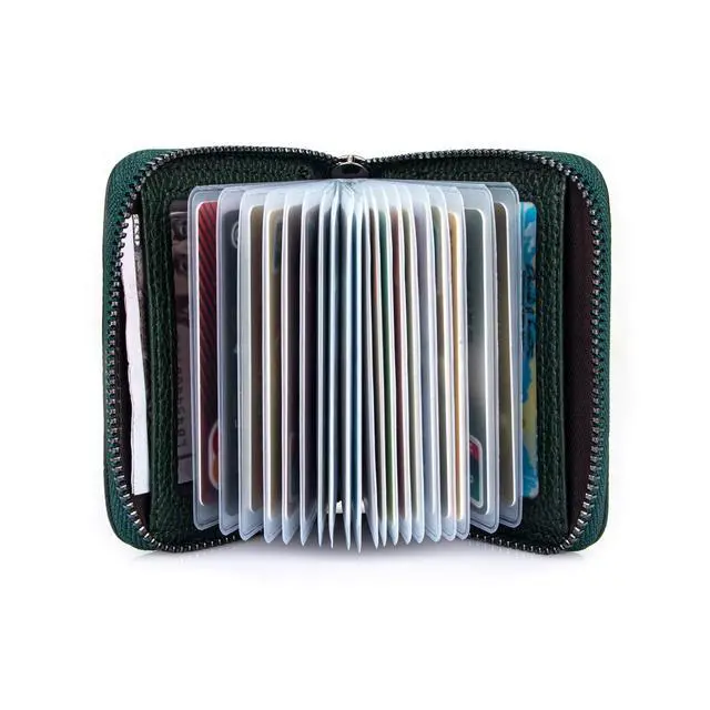 Alt view image 3 of 6 - Genuine Leather Credit Card Holder Zipper Wallet RFID Blocking Secure Card Case ID Case Organizer (Black Green)