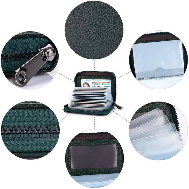 Alt view image 5 of 6 - Genuine Leather Credit Card Holder Zipper Wallet RFID Blocking Secure Card Case ID Case Organizer (Black Green)