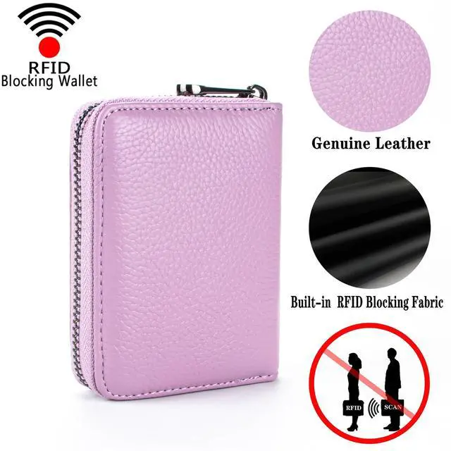 Alt view image 4 of 6 - Leather Credit Card Holder Zipper Wallet RFID Blocking Secure Card Case ID Case Organizer (Light Purple)