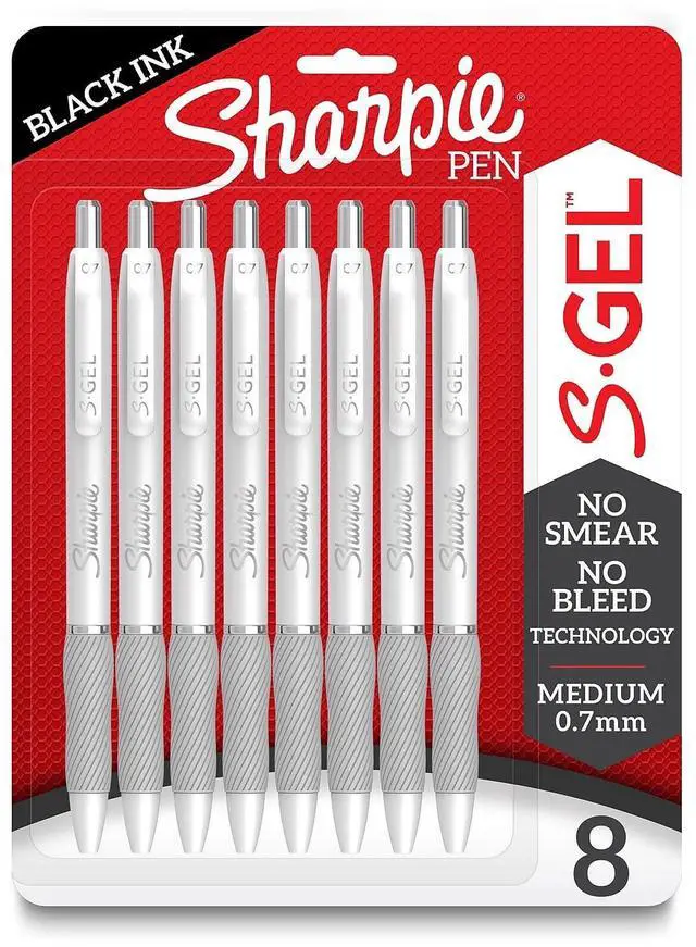 Main image of S-Gel Pen, Medium Point (0.7mm), White Metal Barrel, Black Ink, 8 Count