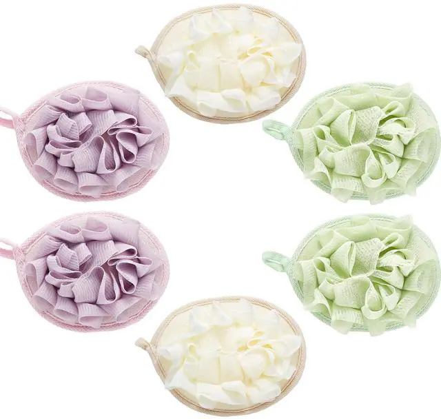 Main image of 3 Pcs Bath Shower Pouf Sponge Mesh Pouf Shower Ball Exfoliating Body Sponge Pad Scrubber Glove with Flower Bath Ball (Beige,Green,Purple)
