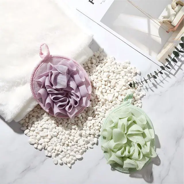 Alt view image 2 of 7 - 3 Pcs Bath Shower Pouf Sponge Mesh Pouf Shower Ball Exfoliating Body Sponge Pad Scrubber Glove with Flower Bath Ball (Beige,Green,Purple)