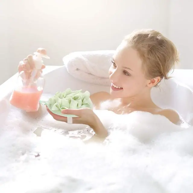 Alt view image 5 of 7 - 3 Pcs Bath Shower Pouf Sponge Mesh Pouf Shower Ball Exfoliating Body Sponge Pad Scrubber Glove with Flower Bath Ball (Beige,Green,Purple)