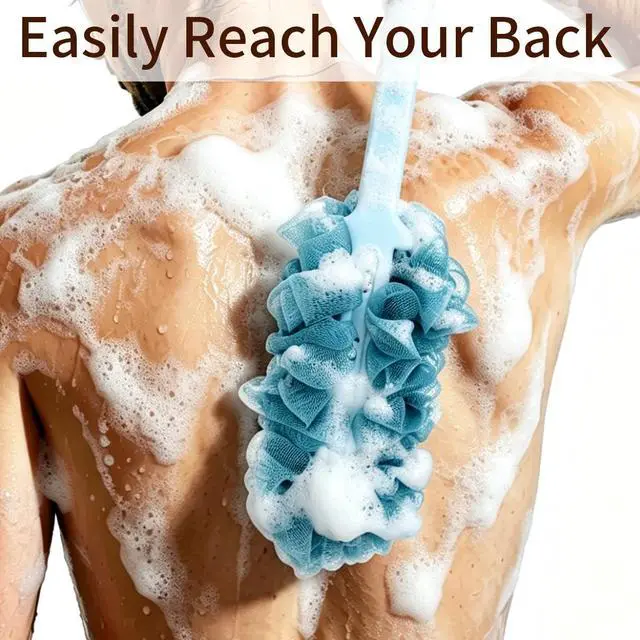 Alt view image 3 of 6 - 2 Pack Back Scrubber for Shower, Long Handle Scrub Brush, Exfoliating Loofah Sponge Body Brush for Back Use, Loofah On a Stick for Back Cleaning, Bathing Accessories Body Brushes (Blue and Pink)