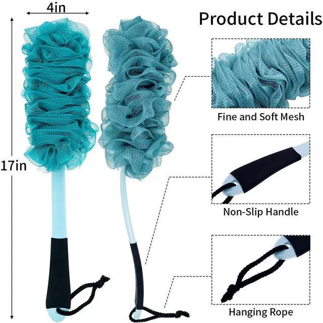 Alt view image 2 of 6 - 2 Pack Back Scrubber for Shower, Long Handle Scrub Brush, Exfoliating Loofah Sponge Body Brush for Back Use, Loofah On a Stick for Back Cleaning, Bathing Accessories Body Brushes (Blue and Pink)
