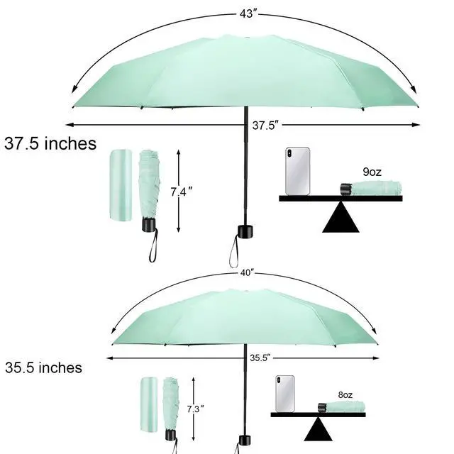 Alt view image 3 of 7 - Mini Travel Umbrella, Portable Lightweight Compact Parasol with 95% UV Protection for Sun & Rain, Green