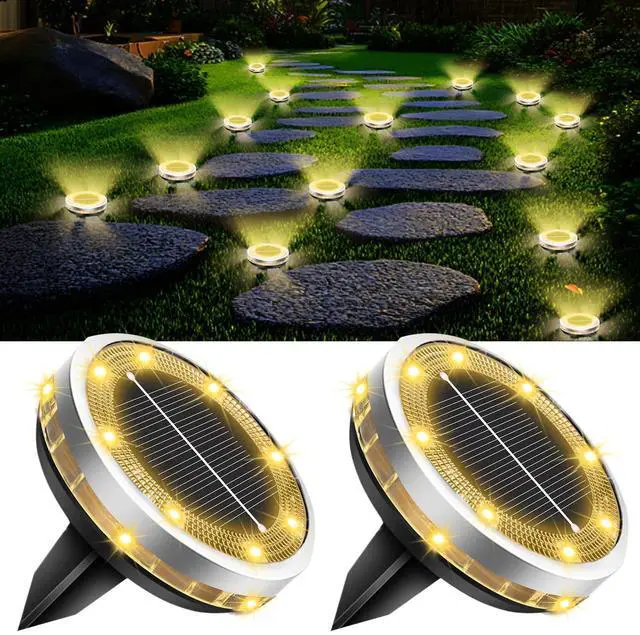Main image of Ground Lights Outdoor 2 Pack Waterproof, Upgraded Solar Garden Lights with 4 Side Light, Stainless Steel Solar Powered Disc Landscape Light for Walkway Pathway Lawn Yard Patio Deck-Warm White