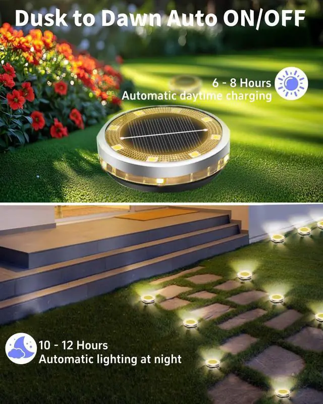 Alt view image 4 of 7 - Ground Lights Outdoor 2 Pack Waterproof, Upgraded Solar Garden Lights with 4 Side Light, Stainless Steel Solar Powered Disc Landscape Light for Walkway Pathway Lawn Yard Patio Deck-Warm White