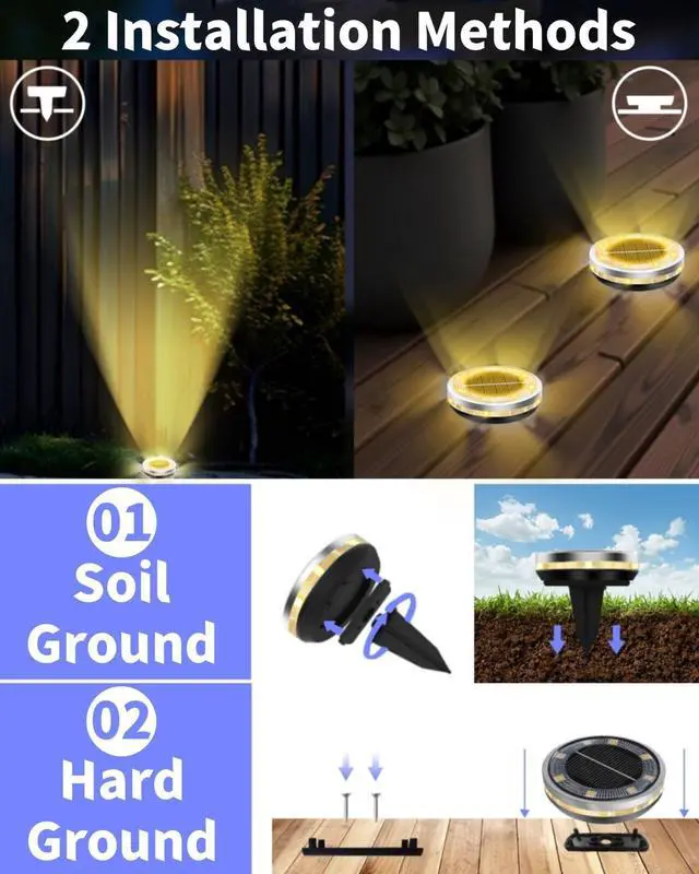 Alt view image 6 of 7 - Ground Lights Outdoor 2 Pack Waterproof, Upgraded Solar Garden Lights with 4 Side Light, Stainless Steel Solar Powered Disc Landscape Light for Walkway Pathway Lawn Yard Patio Deck-Warm White