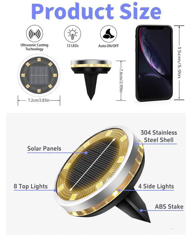 Alt view image 5 of 7 - Ground Lights Outdoor 2 Pack Waterproof, Upgraded Solar Garden Lights with 4 Side Light, Stainless Steel Solar Powered Disc Landscape Light for Walkway Pathway Lawn Yard Patio Deck-Warm White