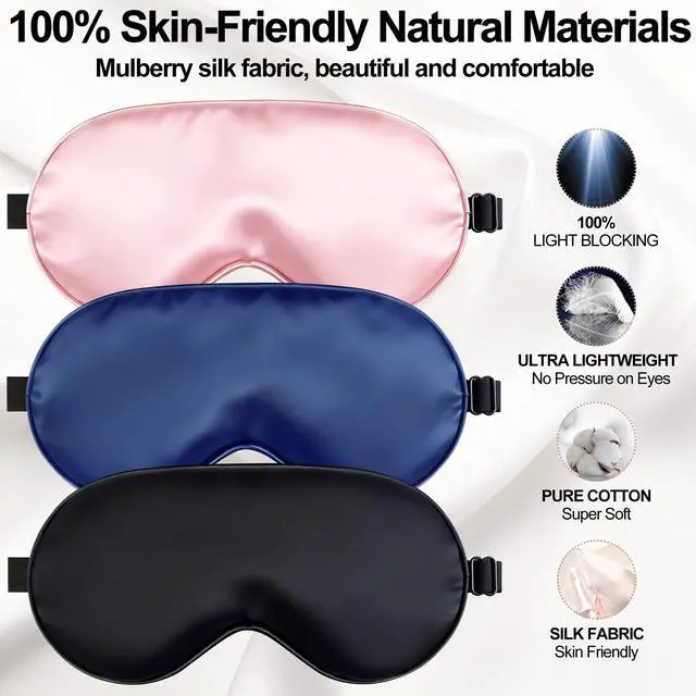 Alt view image 2 of 7 - Sleep Mask, Silk Eye Mask for Sleeping with Adjustable Strap, Blindfold Eyeshade for Men & Women, Comfortable & Soft Eye Cover Eyeshade for Night SleepBlack&Blue&Pink&1 Laundry Bag