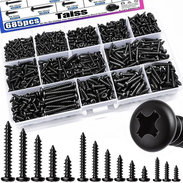 Main image of 685PCS M2 M3 M4 Phillips Pan Head Self Tapping Wood Screws Assortment Kit,14 Sizes Self Tapping Screws for Plastic,Cross Recessed Carbon Steel Black Screws for Wood,Plastic