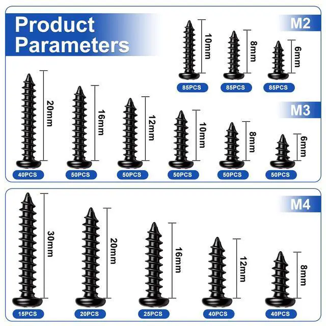 Alt view image 2 of 6 - 685PCS M2 M3 M4 Phillips Pan Head Self Tapping Wood Screws Assortment Kit,14 Sizes Self Tapping Screws for Plastic,Cross Recessed Carbon Steel Black Screws for Wood,Plastic