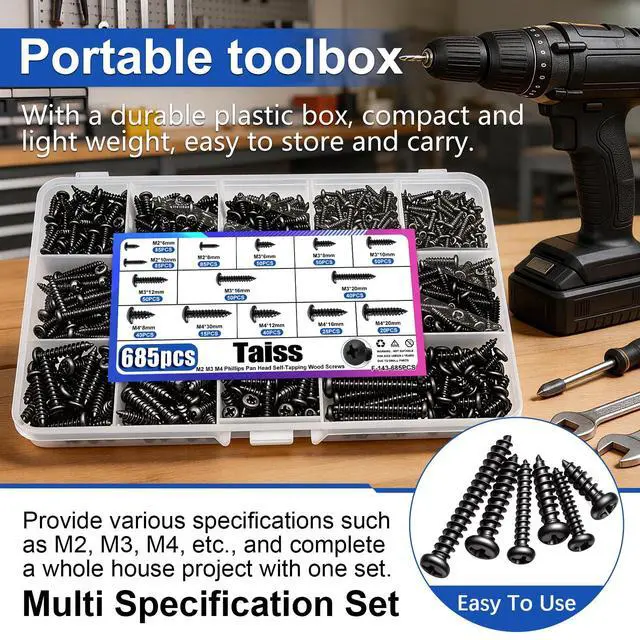 Alt view image 5 of 6 - 685PCS M2 M3 M4 Phillips Pan Head Self Tapping Wood Screws Assortment Kit,14 Sizes Self Tapping Screws for Plastic,Cross Recessed Carbon Steel Black Screws for Wood,Plastic