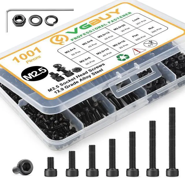 Main image of 1001Pcs M2.5 Screws Kit,Black M2.5 Screws (7 Sizes 4-20mm),Hex Socket Head Cap Small Metric Bolts Nuts Assortment,12.9 Grade Alloy Steel,Black Oxide, 4/6/8/10/12/16/20mm