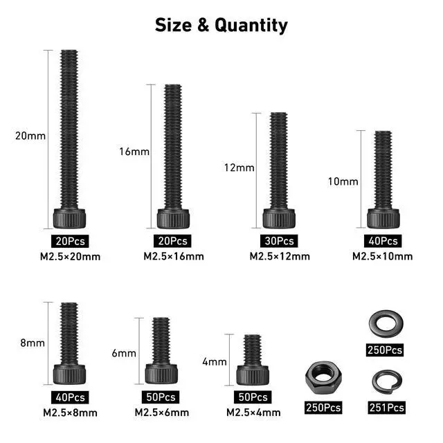 Alt view image 2 of 7 - 1001Pcs M2.5 Screws Kit,Black M2.5 Screws (7 Sizes 4-20mm),Hex Socket Head Cap Small Metric Bolts Nuts Assortment,12.9 Grade Alloy Steel,Black Oxide, 4/6/8/10/12/16/20mm