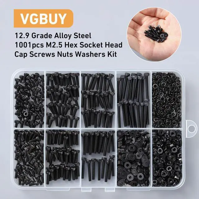 Alt view image 6 of 7 - 1001Pcs M2.5 Screws Kit,Black M2.5 Screws (7 Sizes 4-20mm),Hex Socket Head Cap Small Metric Bolts Nuts Assortment,12.9 Grade Alloy Steel,Black Oxide, 4/6/8/10/12/16/20mm