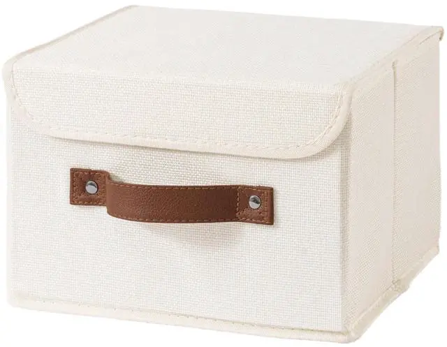 Main image of Collapsible Storage Boxes Baskets with Lid Cotton Linen Fabric Storage Bins with Faux Leather Handles Decorative Washable Cube Organizer Container for Home Closet Bedroom (Beige, Small Size)