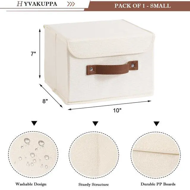 Alt view image 2 of 7 - Collapsible Storage Boxes Baskets with Lid Cotton Linen Fabric Storage Bins with Faux Leather Handles Decorative Washable Cube Organizer Container for Home Closet Bedroom (Beige, Small Size)