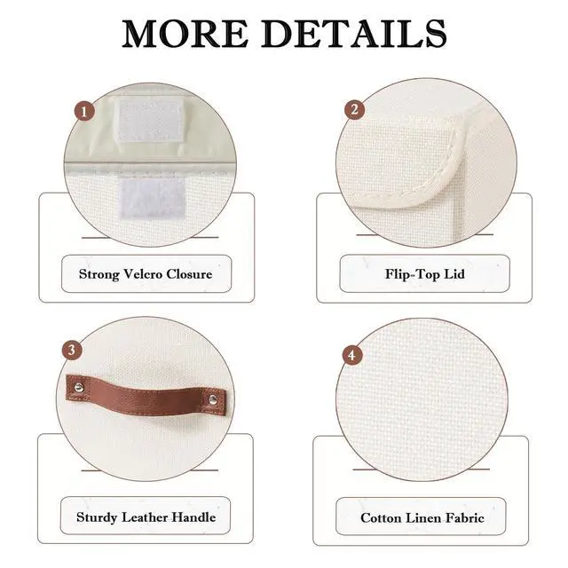 Alt view image 3 of 7 - Collapsible Storage Boxes Baskets with Lid Cotton Linen Fabric Storage Bins with Faux Leather Handles Decorative Washable Cube Organizer Container for Home Closet Bedroom (Beige, Small Size)