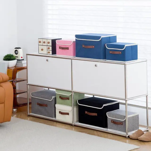 Alt view image 5 of 7 - Collapsible Storage Boxes Baskets with Lid Cotton Linen Fabric Storage Bins with Faux Leather Handles Decorative Washable Cube Organizer Container for Home Closet Bedroom (Beige, Small Size)