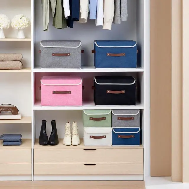 Alt view image 6 of 7 - Collapsible Storage Boxes Baskets with Lid Cotton Linen Fabric Storage Bins with Faux Leather Handles Decorative Washable Cube Organizer Container for Home Closet Bedroom (Beige, Small Size)