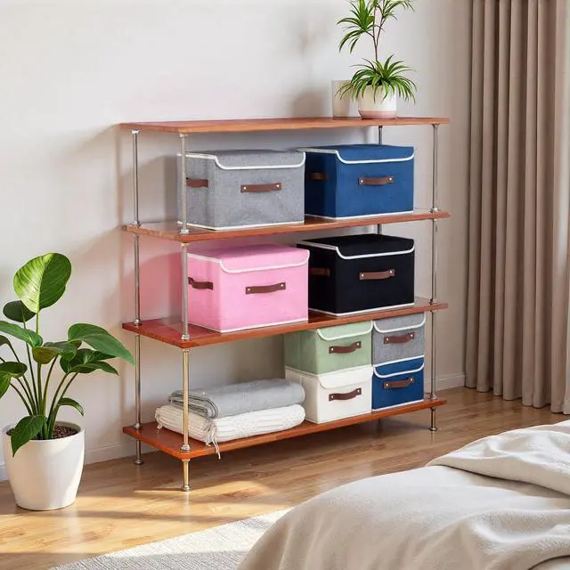 Alt view image 7 of 7 - Collapsible Storage Boxes Baskets with Lid Cotton Linen Fabric Storage Bins with Faux Leather Handles Decorative Washable Cube Organizer Container for Home Closet Bedroom (Beige, Small Size)