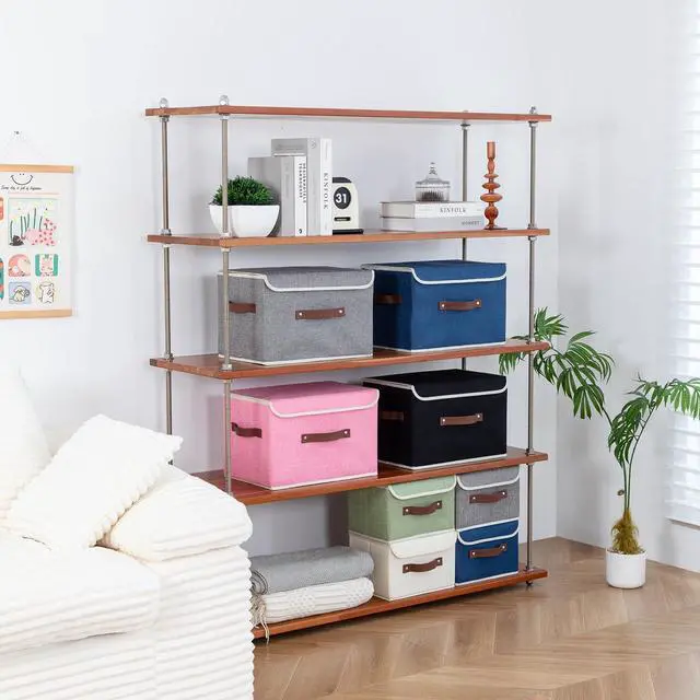 Alt view image 4 of 7 - Collapsible Storage Boxes Baskets with Lid Cotton Linen Fabric Storage Bins with Faux Leather Handles Decorative Washable Cube Organizer Container for Home Closet Bedroom (Beige, Small Size)