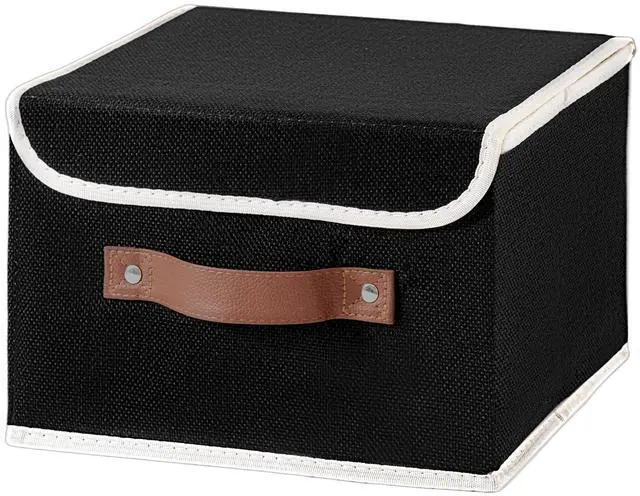 Main image of Collapsible Storage Boxes Baskets with Lid Cotton Linen Fabric Storage Bins with Faux Leather Handles Decorative Washable Cube Organizer Container for Home Closet Bedroom (Black, Small Size)