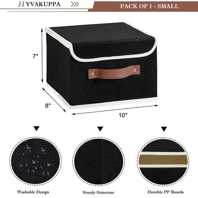 Alt view image 2 of 7 - Collapsible Storage Boxes Baskets with Lid Cotton Linen Fabric Storage Bins with Faux Leather Handles Decorative Washable Cube Organizer Container for Home Closet Bedroom (Black, Small Size)
