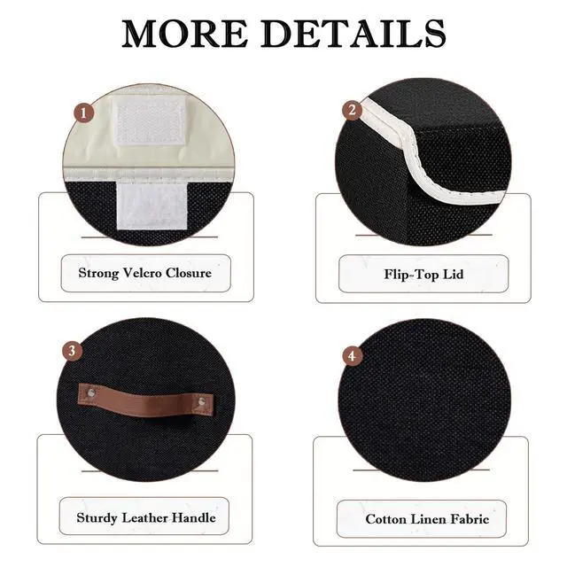 Alt view image 3 of 7 - Collapsible Storage Boxes Baskets with Lid Cotton Linen Fabric Storage Bins with Faux Leather Handles Decorative Washable Cube Organizer Container for Home Closet Bedroom (Black, Small Size)