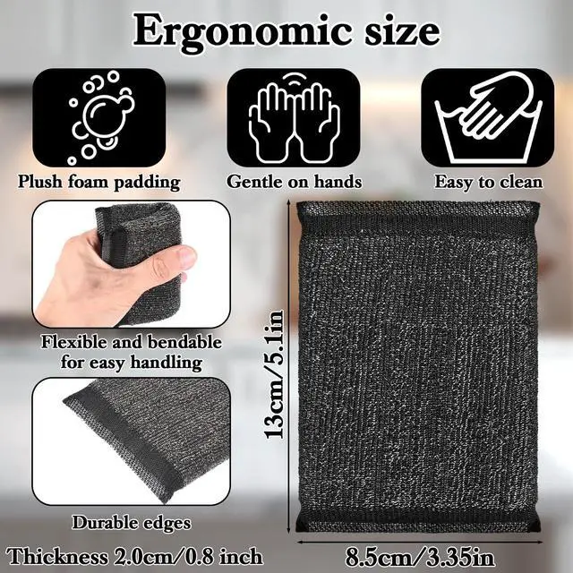 Alt view image 2 of 7 - 6 Pack Steel Wool Scrubber Sponges, Heavy Duty Stainless Steel Scouring Pads Reusable Non Scratch Metal Sponges Hand-Friendly Kitchen Cleaning Tool for Pots and Pans Tough Grease & Grime (Black)