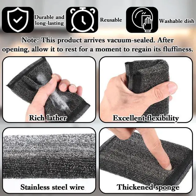 Alt view image 3 of 7 - 6 Pack Steel Wool Scrubber Sponges, Heavy Duty Stainless Steel Scouring Pads Reusable Non Scratch Metal Sponges Hand-Friendly Kitchen Cleaning Tool for Pots and Pans Tough Grease & Grime (Black)