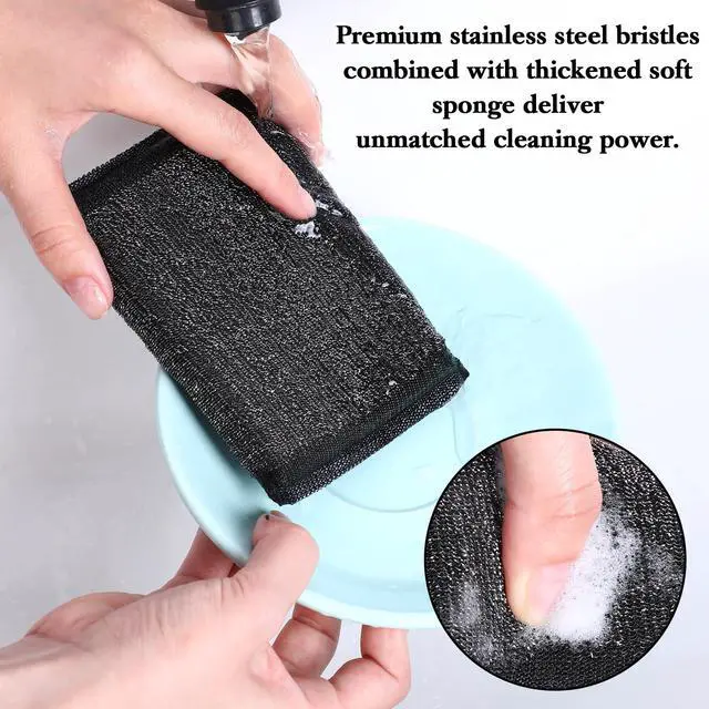 Alt view image 4 of 7 - 6 Pack Steel Wool Scrubber Sponges, Heavy Duty Stainless Steel Scouring Pads Reusable Non Scratch Metal Sponges Hand-Friendly Kitchen Cleaning Tool for Pots and Pans Tough Grease & Grime (Black)
