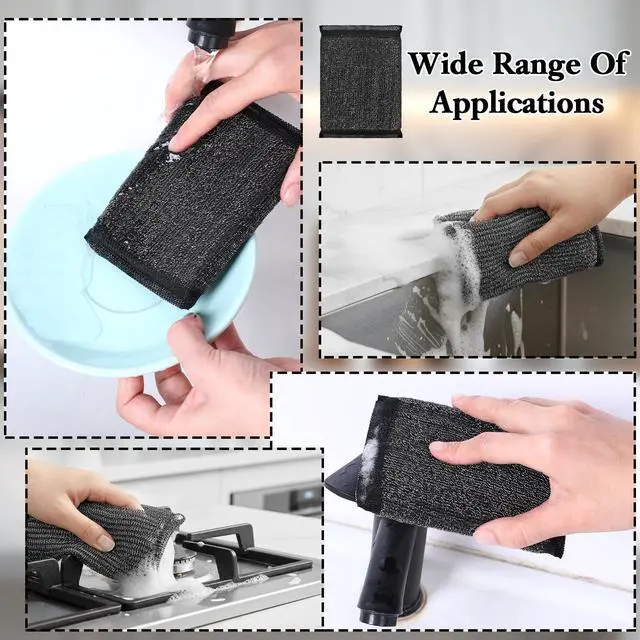 Alt view image 5 of 7 - 6 Pack Steel Wool Scrubber Sponges, Heavy Duty Stainless Steel Scouring Pads Reusable Non Scratch Metal Sponges Hand-Friendly Kitchen Cleaning Tool for Pots and Pans Tough Grease & Grime (Black)
